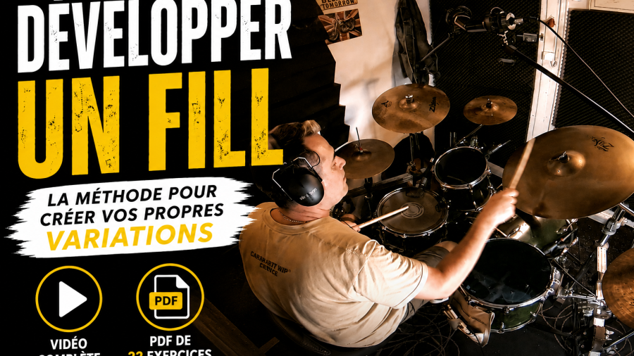 Batteur développant un fill de batterie grâce à une méthode de travail créative avec 22 exercices progressifs.